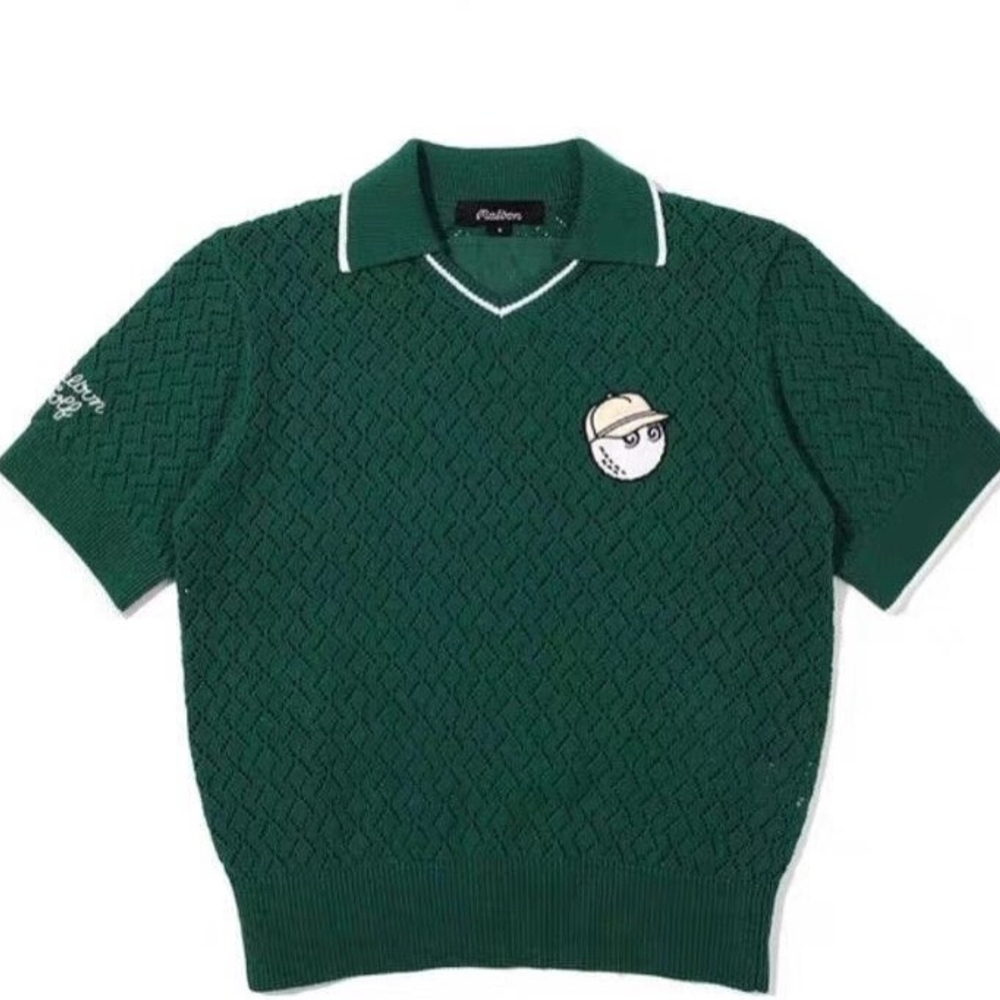 NEW Unique Malbon Green V-Neck Knit Sweater with Embroidered Character Patch